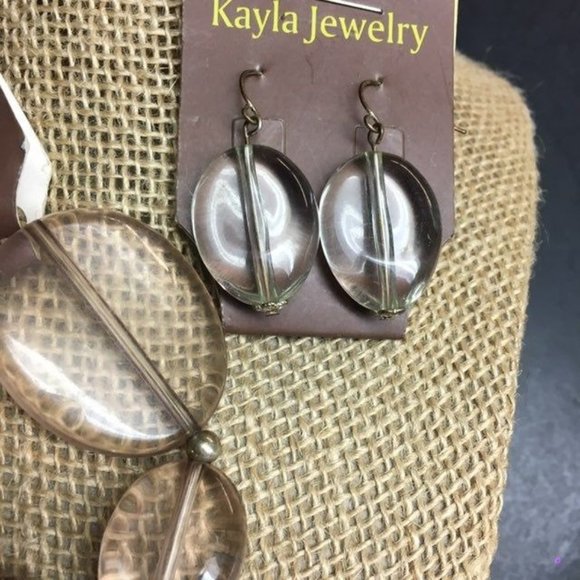 Kayla Bracelet Earrings Translucent Beige Chunky Silver Stretch Organic BoHo - Picture 3 of 4